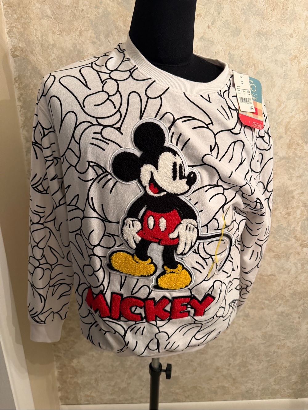 Disney White Mickey Mouse Chenille Appliqué Sweatshirt with Black Outline